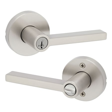 Kwikset Halifax Lever with Round Rose Entry Door Lock SmartKey with 6AL Latch, RCS Strike Satin Nickel Finish 740HFLRDT-15S